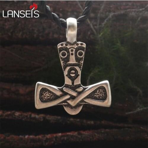 Lanseis 1pcs Stylized THOR HAMMER with face of Norse slavic God jewelry, which belongs to the god Thor viking men pendant