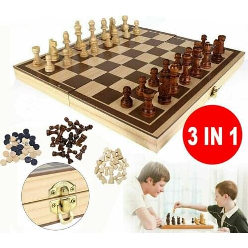 3 in 1 Chess Set Wooden Chess Game Large Size Folding Wooden Chess Set Board Game Checkers Childrens Educational Games