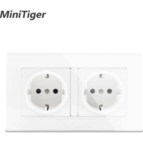 Minitiger White Luxury glass panel Wall Power Dual Socket Plug Grounded, 16A EU Standard Electrical Double Outlet 146 mm * 86 mm