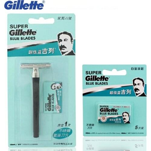Safety Razor Shaving Razor Blades Set for Men Gillette Super Blue Shavers Sharp Shaving Razor 1 Razor Handle 1 Blade +5 Blades