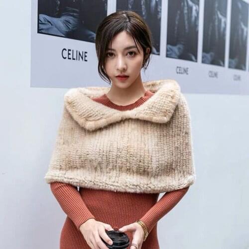 CX-B-M-68D Women Snood Neck Warmer Hand Knitted Fur Cape Real Mink Fur Shawls Scarf