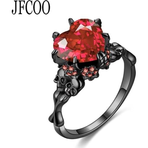 Fashion Punk CZ Ring Heart-shape Red Zircon Double Skull Rings Black For Women Party Dropshipping Wedding Jewelry