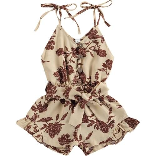 2-6Years Kid Baby Floral Print Sling Romper with Ruffles Girls Sleeveless V-neck Short Jumpsuit with Waistband