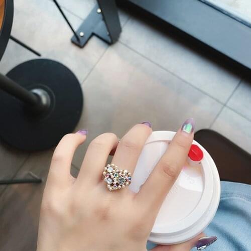 Korean Sweet Girls Colorful Crystal Heart Charm Rings Fashion Geometric Open Adjustable Forefinger Rings For Women Jewelry Bague