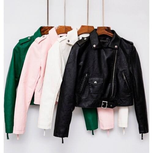 Pu Leather Jacket Women Fashion Bright Colors Black Motorcycle Coat Short Faux Leather Biker Jacket Soft Jacket Female Green Hot