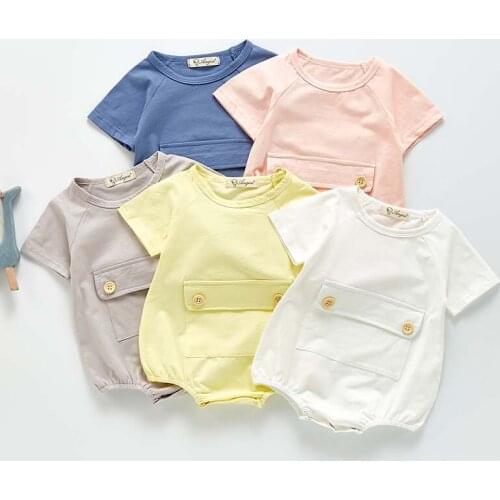 Summer Baby Girls Clothes Baby Boy Bodysuit Korean Big Pocket Candy Color Short Sleeves Triangle Jumpsuit Infant One-piece