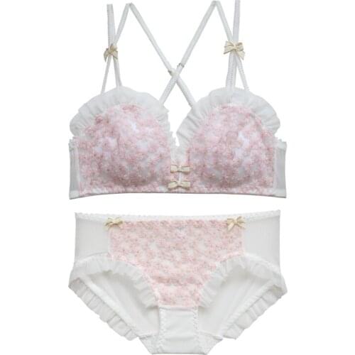 Cute Sweet Sakura Bra & Panties Set Wirefree Soft Underwear Lace Trim Sleep Intimates Set Kawaii Lolita Fairy Kei