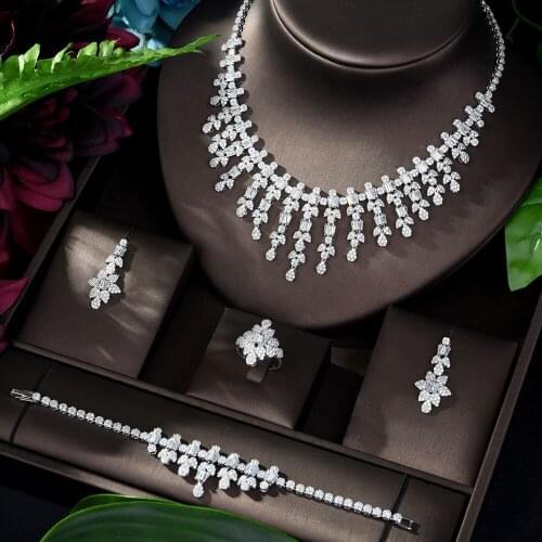 HIBRIDE Fashion Leaf Wedding Jewelry Sets Charm Zirconia Women Accessories Necklace Earrings 4pc Set Bridal Jewelry Set N-1181
