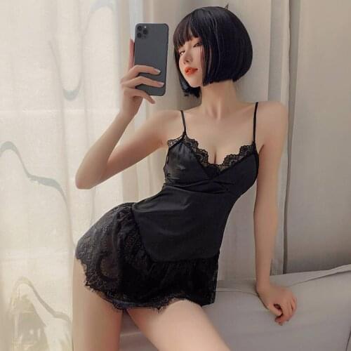 2020 New Sexy Suspender Nightdress Deep V Lace Embroidery Lace Irregular Skirt Perspective Crystal Mesh Halter Temptation Home