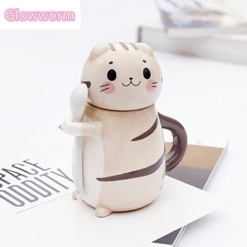 New Cute Cat Ceramics Coffee Mug With Spoon Creative Hand Painted Drinkware Milk Tea Cups Novelty Gifts