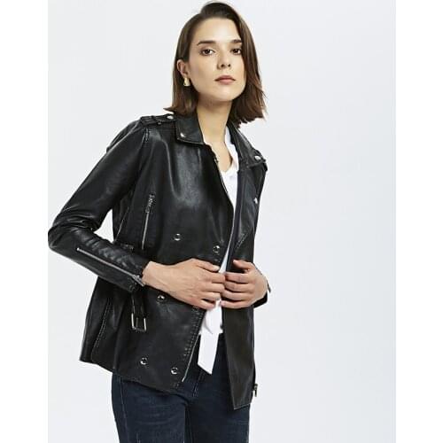 Autumn Black Slim Long Faux Female Leather Jacket Fashion Zipper Belt Biker Motorcycle Jacket Women Leather PU Coat Ladies