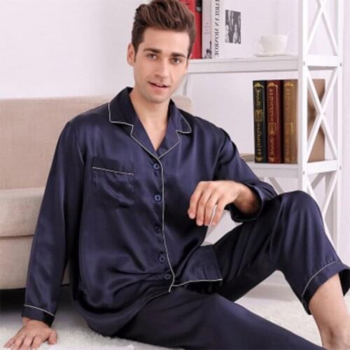 100% Pure Silk Pajamas Men suit bottoms long sleeve two-piece spring summer 100% silk noble men Pajamas Set silk suit Sleepwear