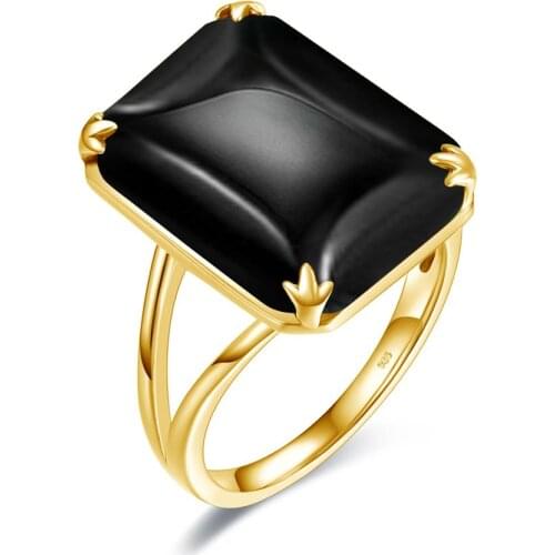 Luxury Gold Ring For Women Real 925 Sterling Silver Gemstones Black Onyx Handmade Design Undefined Trendy Fine Jewelery Unique