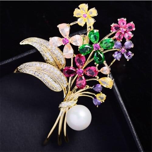 Luxury Colorful Flower AAA Cubic Zirconia Brooches For Women Pearl Pins Brooch Sweater Corsage Crystal Rhinestone Accessories