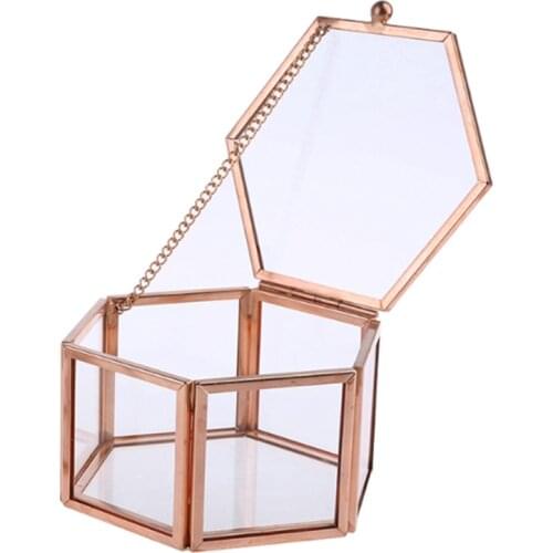 Hexagon Transparent Rose Gold Glass Ring Box Wedding Ring Box Geometric Clear Glass Jewelry Box Organizer TabletopHolder