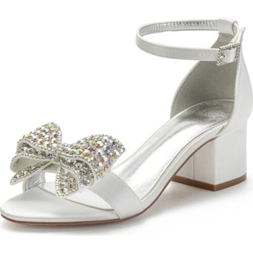 Sweet Bridal Wedding Dress Shoes Thick Block Heel with Rhinestone Bow Satin Summer Sandals Ankle Strap Party Prom Lady shoes