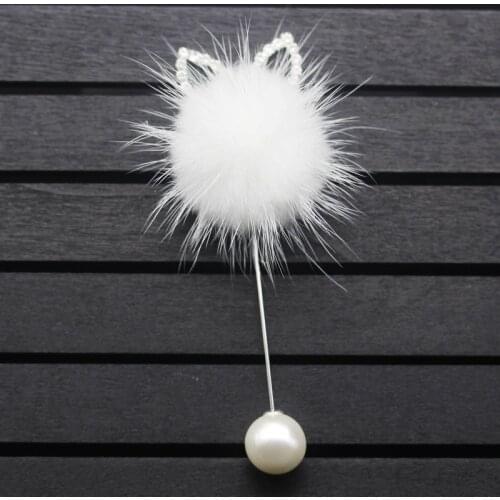 I-Remiel Upscale Mink Hairy Ball Brooch Rhinestone Rabbit Ears Long Needle Pin for Shawl Coat Sweater Badge Women Accessories