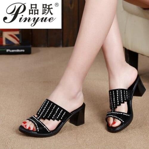 Women Shoes Summer Peep Toe Slides Party Evening Chunky High Heels Slipper Crystal Ladies Summer Slippers Size 35--42