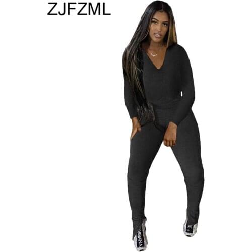Women V-neck Full Sleeve Slim Fit Pullover Top Sporty Split Hem Pencil Leggings Casual Workout Fitness Stretchy 2 Piece Outfits
