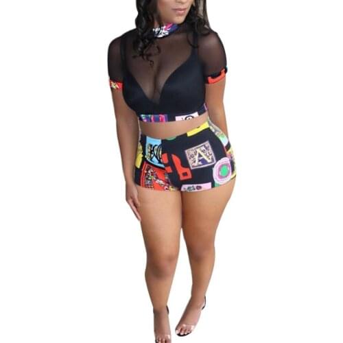 Women Sexy Two-piece Clothes Set Short Sleeve Turtleneck See-through Tops and Shorts Blue Black Green