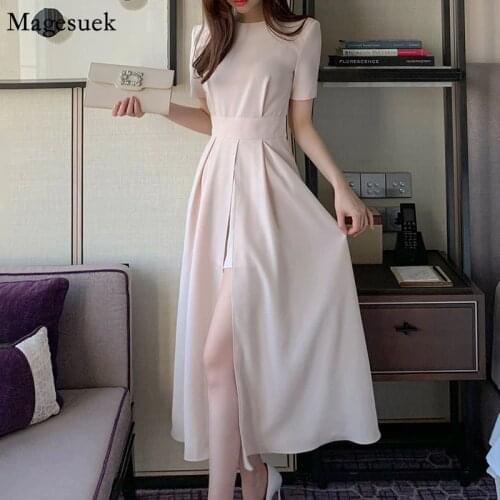 Korean Style Chiffon Summer Dress Women Elegant 2021 Short Sleeve Slim Party Dress Casual Midi Split Sexy Dresses Vestidos 15235