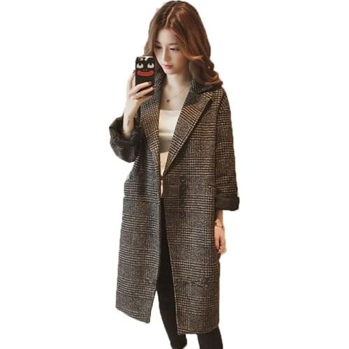 2020 Autumn Winter Woolen Coat Womens Large Size Loose Casual Windbreaker Lapel Single-breasted Plaid Jacket Outerwear Fashion
