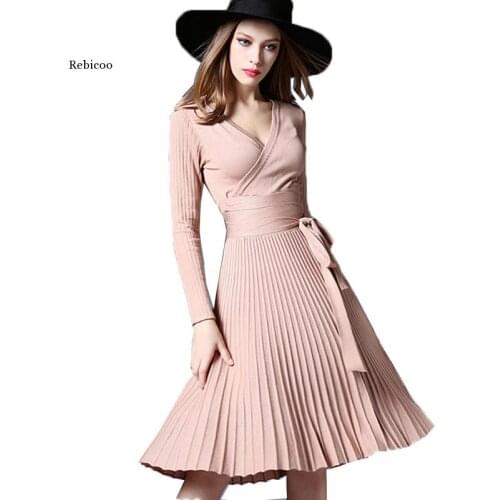 Winter Knitted Sweater Dress Women Long Sleeve Elegant Pleated Dresses Elegant Casual Midi Dress Ladies Party Vestidos