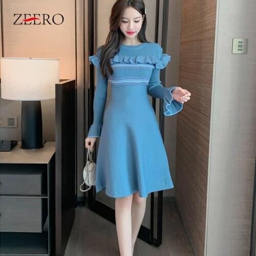 Winter Female Oversize Knitted Base Warm Dress Women Autumn Fashion Ruffle Striped Stitching Color Flared Sleeves A-Line Dresses