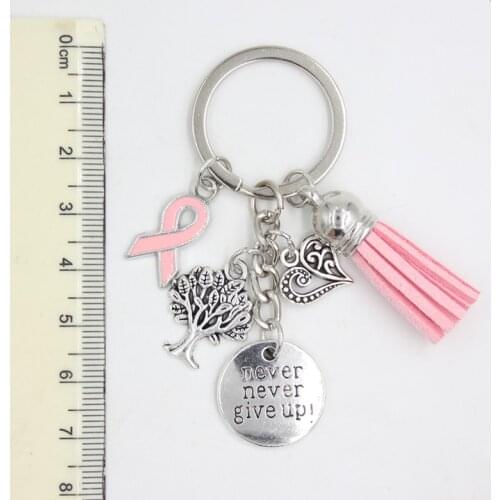 Wholesale Breast Cancer Awareness Pink Ribbon Tassel Keychains Keyring heart life tree never give up charms key chain Jewelry