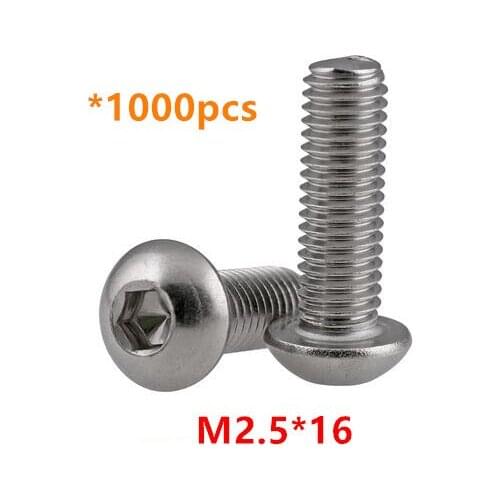 1000pcs M2.5*16 Hex Socket Button Head Screws A2-70 Stainless steel Round head Mushroom Bolts ISO7380
