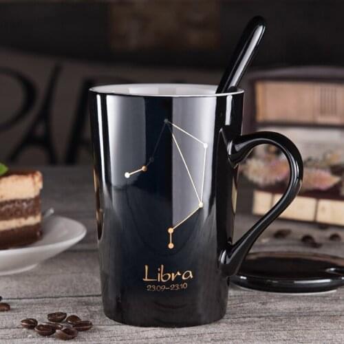 12 Constellations Black And Gold Bone China Porcelain Coffee Milk Mug With Stainless Steel Spoon Zodiac ceramic cup 400ML