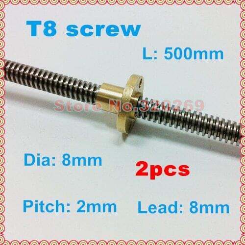 2pcs T8 Type Stainless Steel 8mm Diameter Trapezoidal Lead Screw L 500Mm + Flange Copper Brass Nut for 3D Printer Z Axis