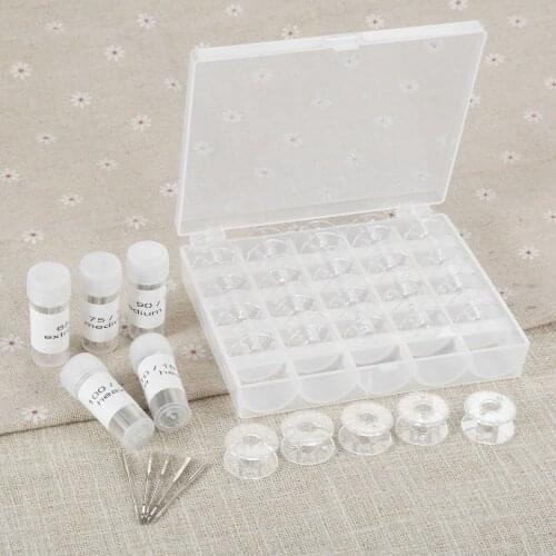 25Pcs Empty Clear Plastic Sewing Bobbins Spool,50Pcs Household Sewing Machine Needles 70/9 80/11 90/14 100/16 110/18,Plastic Box