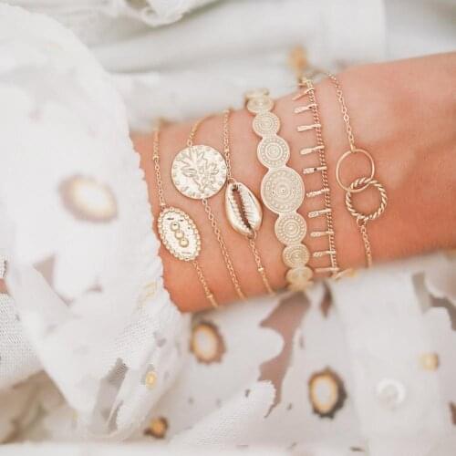 6 Pcs Vintage Round Leaf Totem Metal Bracelet Simple Design Style Shell Chain Bracelet Retro Fashion Bracelets Hand Chain Gift