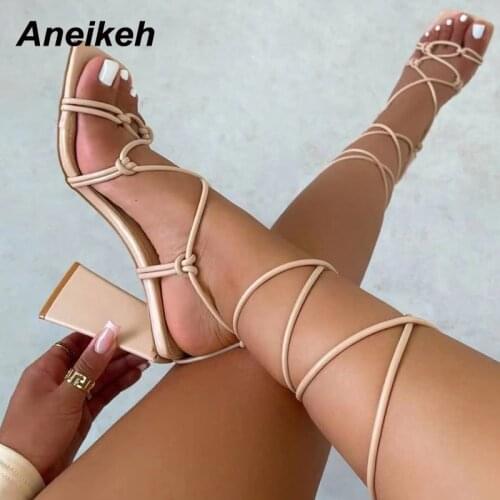 Aneikeh 2021 Summer Spike Heels Fashion Sandals PU Party Narrow Band Solid Lace-Up Back Strap Squared Toe New Green Size 35-42