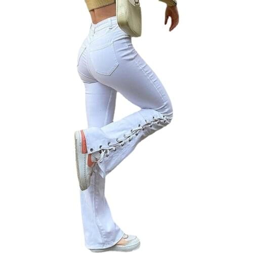 White Y2k Jeans Autumn Bodycon Side Bandage Flare Denim Pants Elegant Wide Leg High Waisted Jeans Plus Size Baggy Jeans Women