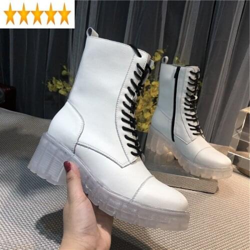 Transparent Women Autumn Heels White Ankle Leisure Lace Up 100% Genuine Leather Platform Boots Street Biker High-Top Shoes