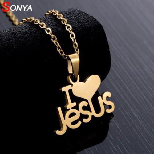 SONYA Religious Stainless Steel I Love Jesus Pendant Necklace For Women Gold Color Letter Christian Jewelry Accessories Gifts
