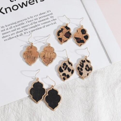 Flower Hexagon Leopard Wood Grain Pattern PU Leather Earrings Gold Color Dangle Brincos Pendientes Fashion Brand Jewelry Women