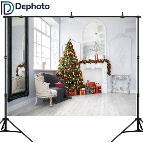 Dephoto Photography Backdrop Christmas Tree Luxury Room Fireplace Damask Background Photocall Photo Shoot Props Decor