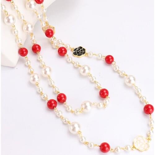 Long Camellia pearl necklace female Layered rose sweater Collares de moda Number 5 Flower Necklace Party Jewelry