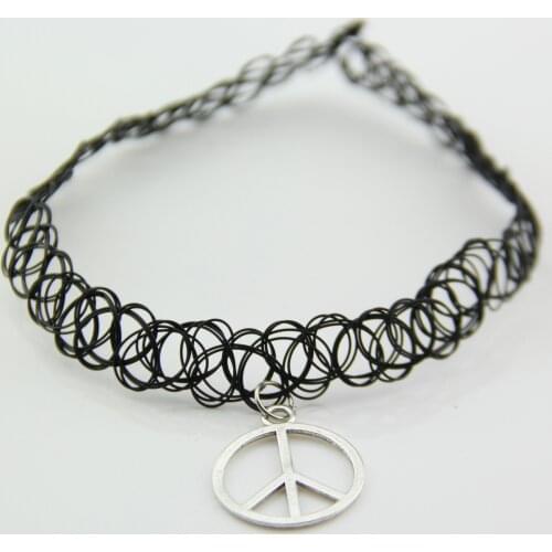 80s 90s 00s Peace Symbol Elastic Tattoo Choker Necklace Pendant Festival hot fashion Black Wholesale tibetan silver jewlery