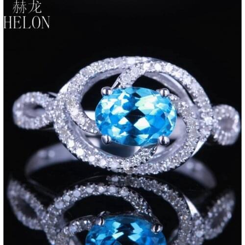 HELON Solid 14K White Gold AU585 Flawless Oval 7x5mm Natural Blue Topaz Diamonds Wedding Ring Women Anniversary Trendy Jewelry