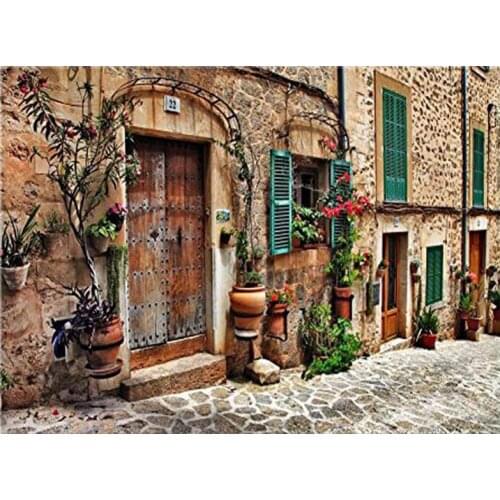 Full square round diy diamond embroidery old town Street door 5d diamond painting cross stitch mosaic rhinestone stickerZP-2935