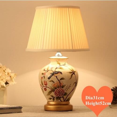 Chinese style white flower&bird ceramic Table Lamps Elegant gleam cloth lampshade E27 LED lamp for bedside&foyer&studio MF021