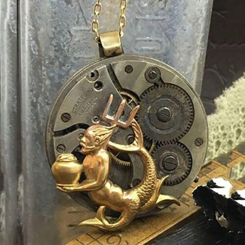 Punkboy Creative Monster with Fish Tail Devil Wheel Gear Symbols Two-tone Round Pendant Long Chain Necklace for Men Jewelry
