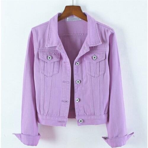 Korean Slim Short Purple Denim Outerwear Female Spring Autumn Vintage Casual Long-sleeve Jean Jacket Streetwear Women Basic Coat