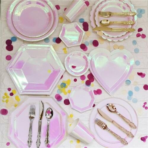 Laser Pink Disposable Tableware Set Love Lip Pattern Paper Plate Paper Cup Wedding Birthday Party Supplies