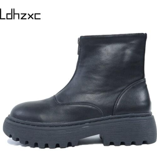 LDHZXC 2020 Black Front Zipper Womens Ankle Boots high heel Fashion Style winter Autumn Platform Boots Ladies Chunky Shoes