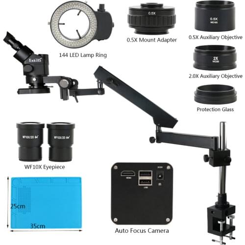 3.5X-90X Simul Focal Trinocular Stereo Microscope Articulating Arm Clamp SONY IMX290 HDMI Auto Focus Camera 0.5X 2X Barlow Lens